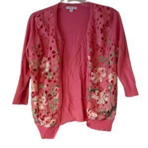 New York & Company Floral Pink & Green Crochet Front Cardigan - Medium
